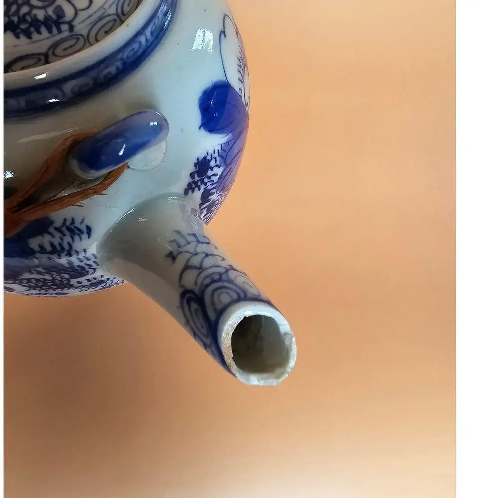 Vintage Blue White Teapot Wicker Handle Lid - Chinoiserie Style